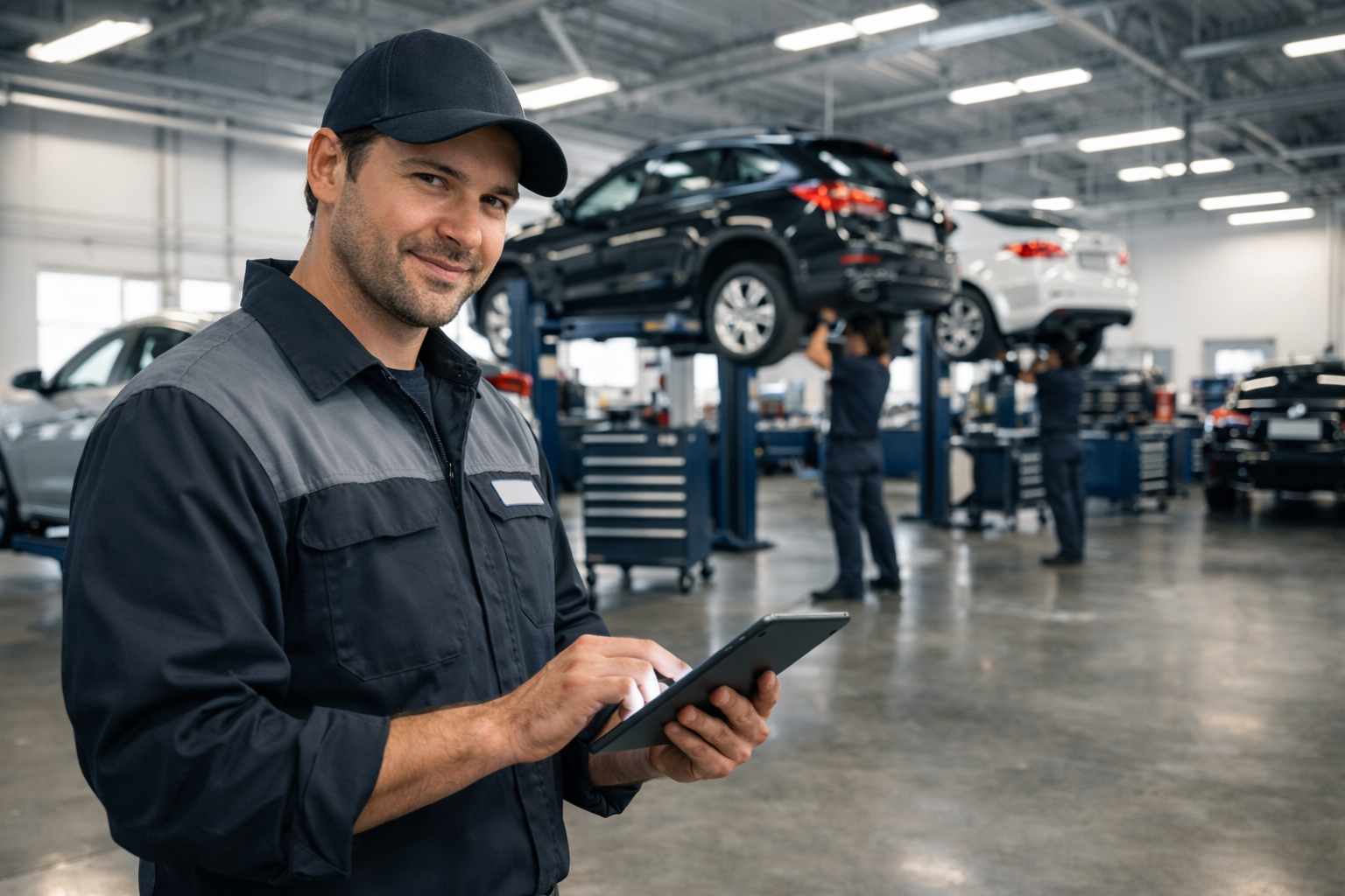 Mecánico feliz trabajando con la solución automatizada